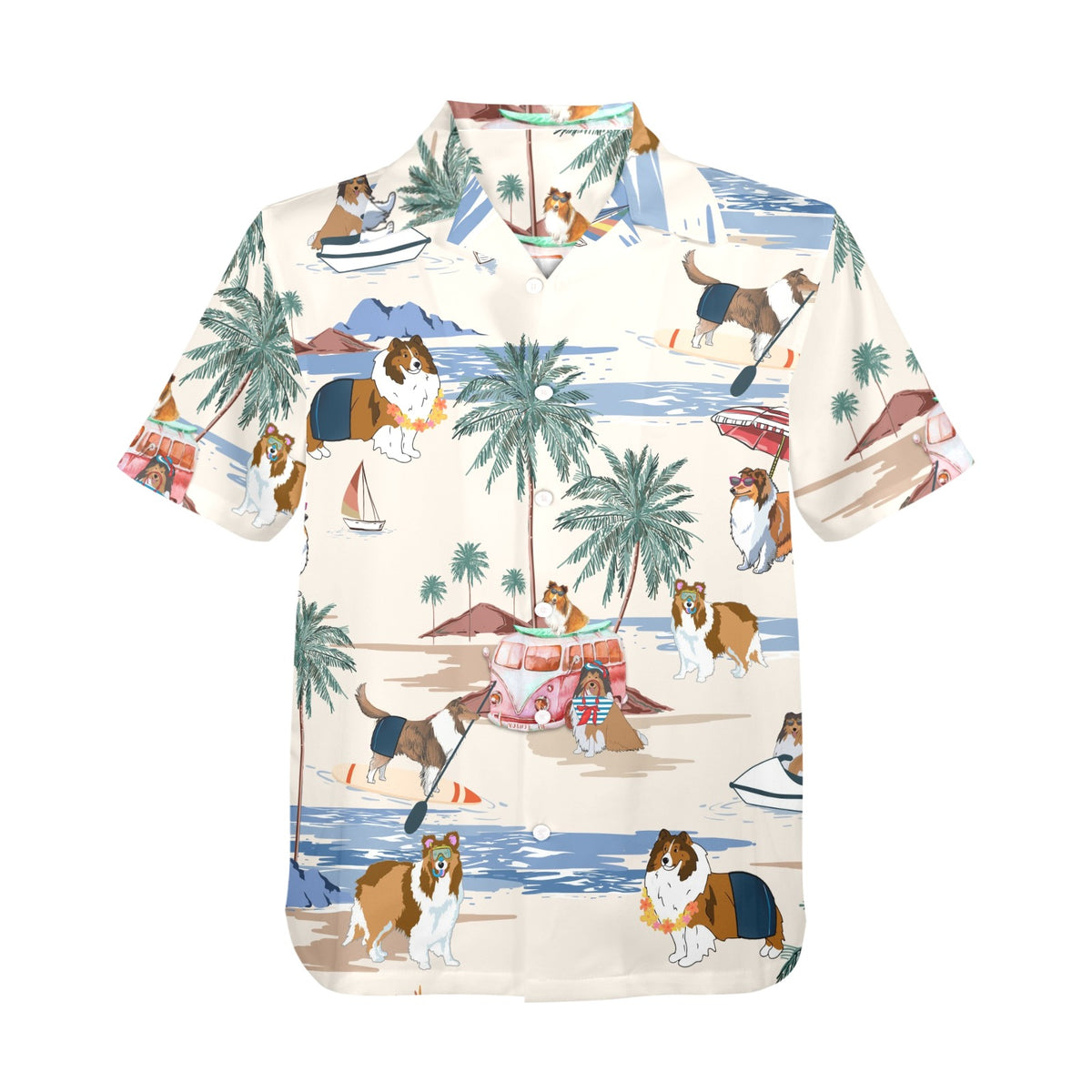 Men's Shetland Sheepdog Hawaiian shirt with tropical dog print
