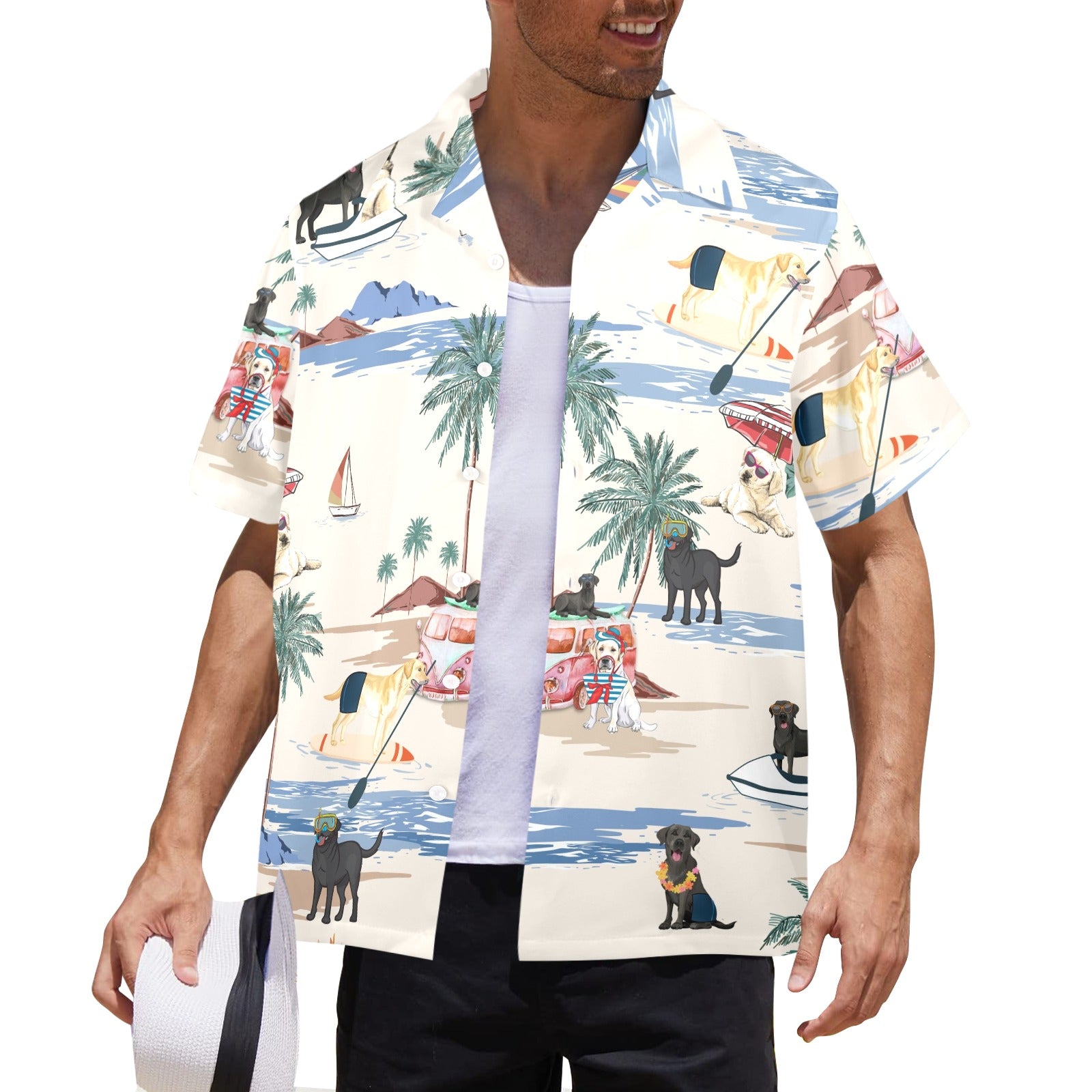 Men's Labrador Retriever Hawaiian shirt with tropical dog artwork