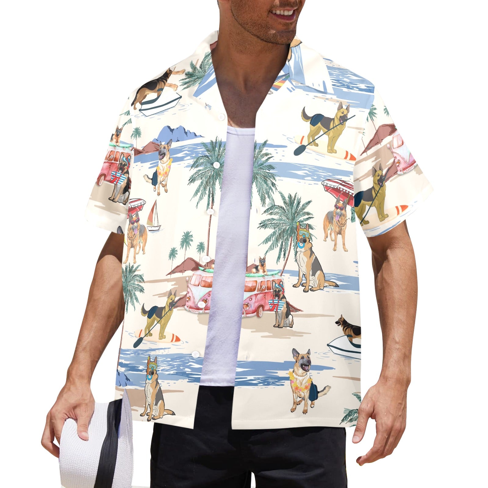 Men's German Shepherd Hawaiian shirt with tropical dog artwork
