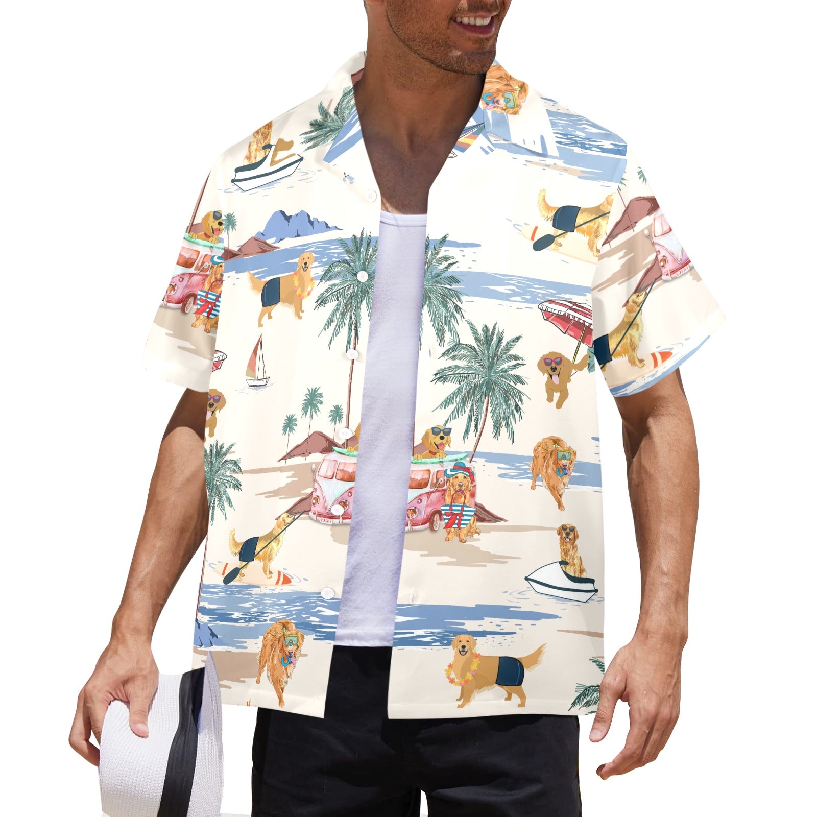 Men's Golden Retriever Hawaiian shirt with tropical dog artwork